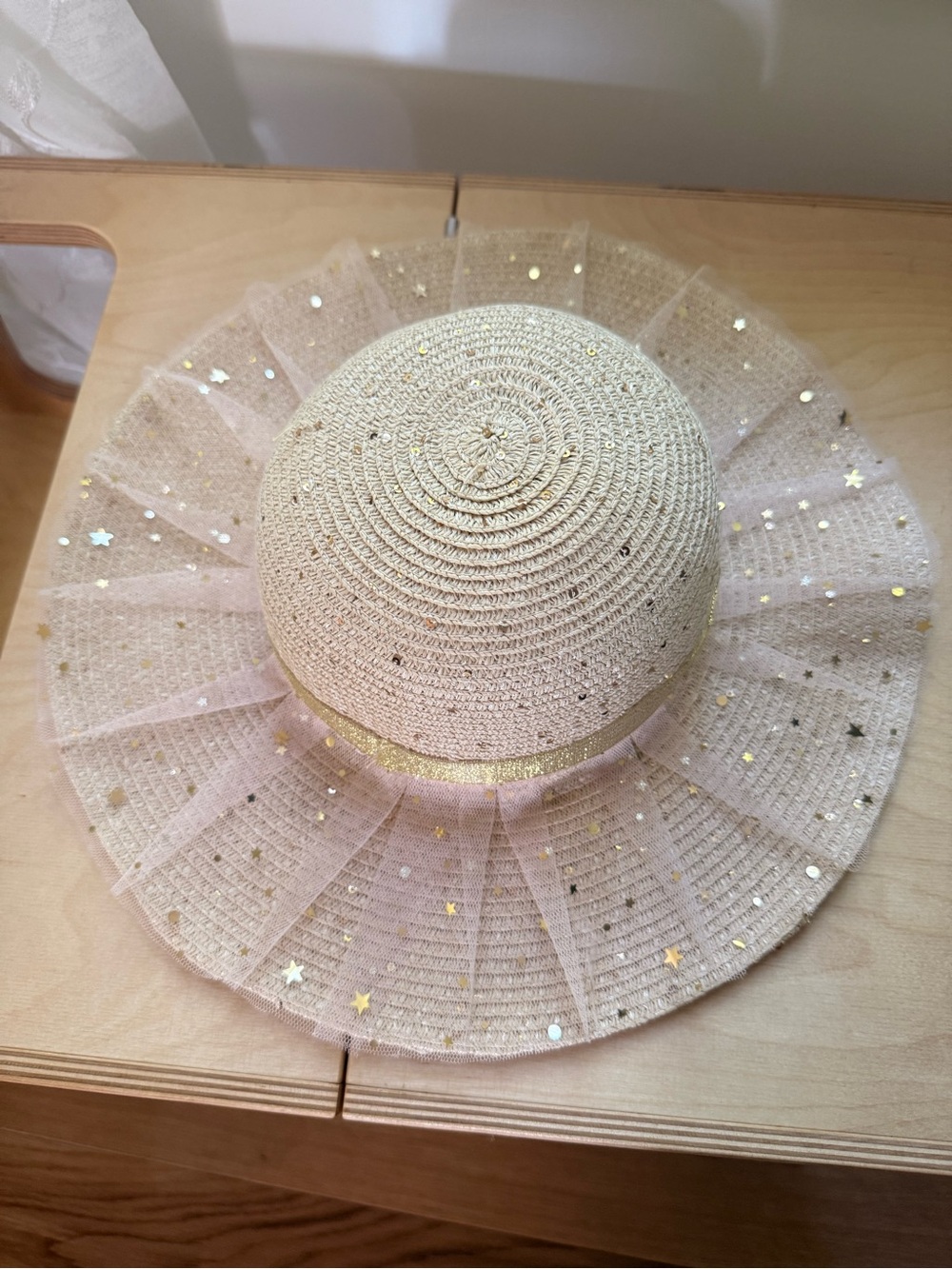 San Diego Hat Company Girls Straw Sun Hat Pink Tulle Gold Stars Ages 5–7